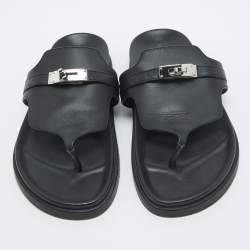 Pre Owned Hermes Black Leather Empire Thong Slides Size 37