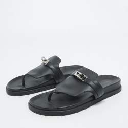 Pre Owned Hermes Black Leather Empire Thong Slides Size 37