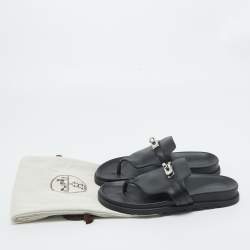 Pre Owned Hermes Black Leather Empire Thong Slides Size 37