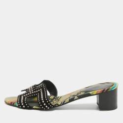 Pre Owned Hermes Black Suede Studded Oasis Slide Sandals Size 40