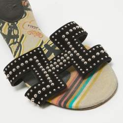 Pre Owned Hermes Black Suede Studded Oasis Slide Sandals Size 40