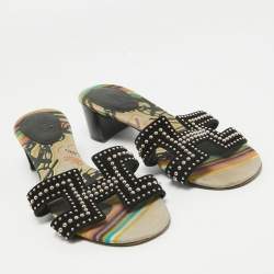 Pre Owned Hermes Black Suede Studded Oasis Slide Sandals Size 40