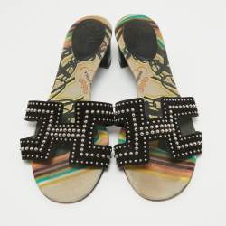 Pre Owned Hermes Black Suede Studded Oasis Slide Sandals Size 40