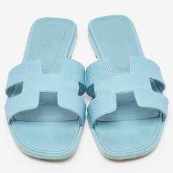 Pre Owned Hermes Blue Leather Oran Flat Slides Size 39.5