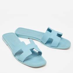 Pre Owned Hermes Blue Leather Oran Flat Slides Size 39.5