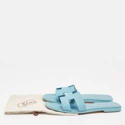 Pre Owned Hermes Blue Leather Oran Flat Slides Size 39.5