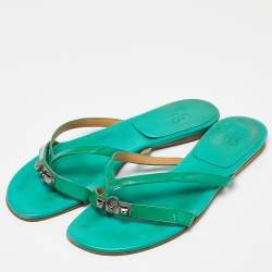 Hermes Green Patent Corfu Thong Flats Size 40