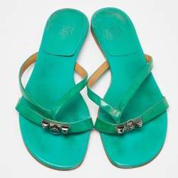 Hermes Green Patent Corfu Thong Flats Size 40