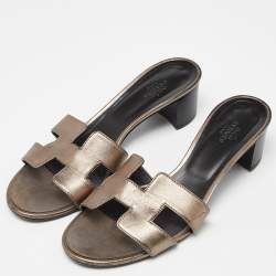 Hermes Metallic Leather Oasis Slide Sandals Size 38