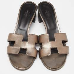 Hermes Metallic Leather Oasis Slide Sandals Size 38