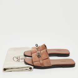 Pre Owned Hermes Light Brown Suede Giulia Flat Slides Size 38