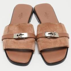 Pre Owned Hermes Light Brown Suede Giulia Flat Slides Size 38