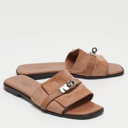 Pre Owned Hermes Light Brown Suede Giulia Flat Slides Size 38