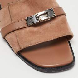 Pre Owned Hermes Light Brown Suede Giulia Flat Slides Size 38