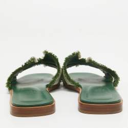 مملوكة مسبقًا Hermes Green/Beige Leather and Canvas Fringe Oran Flat Slides Size 38