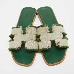 مملوكة مسبقًا Hermes Green/Beige Leather and Canvas Fringe Oran Flat Slides Size 38