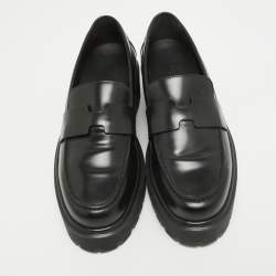 Pre Owned Hermes Black Glazed Leather Hitch Loafers Size 38.5