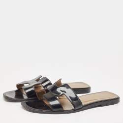 مملوكة مسبقًا Hermes Black Patent Leather Oran Flat Slides Size 38