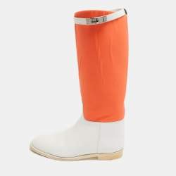 Hermes Neon Orange/White Neoprene and Leather Jumping Boots Size 39