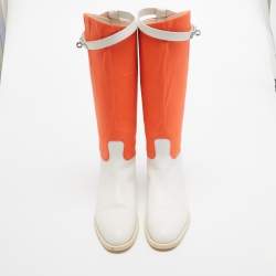 Hermes Neon Orange/White Neoprene and Leather Jumping Boots Size 39