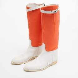 Hermes Neon Orange/White Neoprene and Leather Jumping Boots Size 39