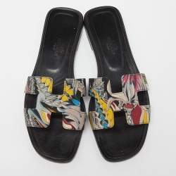 Hermès Multicolor Print Canvas Oran Flat Slides Size 37.5