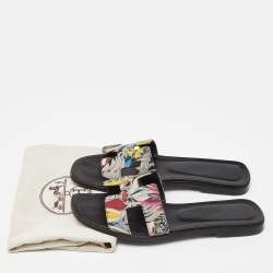 Hermès Multicolor Print Canvas Oran Flat Slides Size 37.5