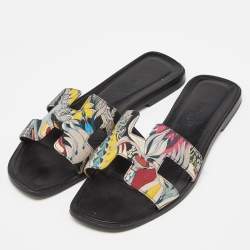 Hermès Multicolor Print Canvas Oran Flat Slides Size 37.5