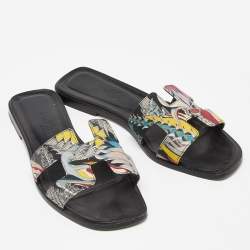 Hermès Multicolor Print Canvas Oran Flat Slides Size 37.5
