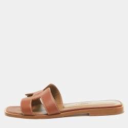 Hermes Brown Leather Oran Flat Slides Size 34.5
