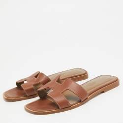 Hermes Brown Leather Oran Flat Slides Size 34.5