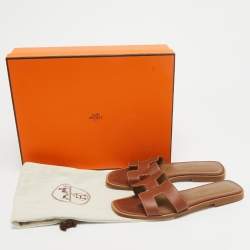 Hermes Brown Leather Oran Flat Slides Size 34.5