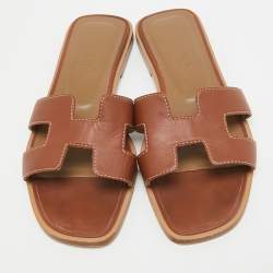 Hermes Brown Leather Oran Flat Slides Size 34.5