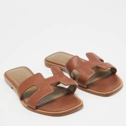 Hermes Brown Leather Oran Flat Slides Size 34.5