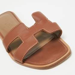 Hermes Brown Leather Oran Flat Slides Size 34.5