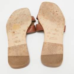 Hermes Brown Leather Oran Flat Slides Size 34.5
