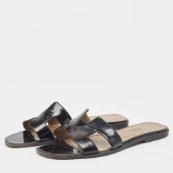 Hermes Black Patent Oran Flat Slides Size 38