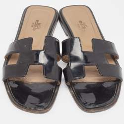 Hermes Black Patent Oran Flat Slides Size 38