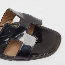 Hermes Black Patent Oran Flat Slides Size 38