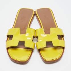 Hermes Yellow Patent Oran Flat Slides Size 38 