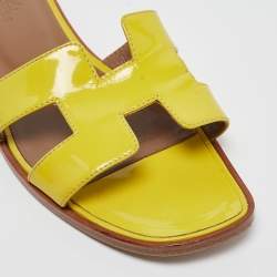 Hermes Yellow Patent Oran Flat Slides Size 38 
