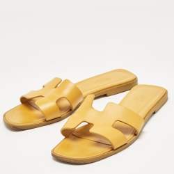Hermes Yellow Leather Oran Flat Slides Size 38
