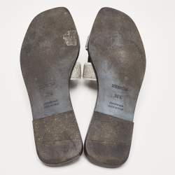 Hermes Silver Suede and Glitter Opne Toe Flat Oran Slides Size 38.5