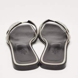 Hermes Silver Suede and Glitter Opne Toe Flat Oran Slides Size 38.5