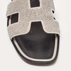 Hermes Silver Suede and Glitter Opne Toe Flat Oran Slides Size 38.5