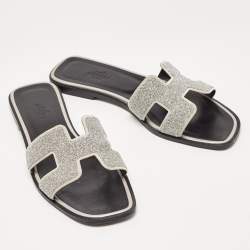 Hermes Silver Suede and Glitter Opne Toe Flat Oran Slides Size 38.5