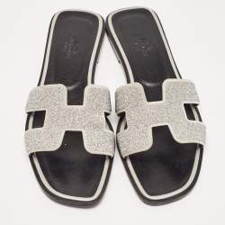 Hermes Silver Suede and Glitter Opne Toe Flat Oran Slides Size 38.5