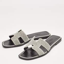 Hermes Silver Suede and Glitter Opne Toe Flat Oran Slides Size 38.5