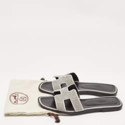 Hermes Silver Suede and Glitter Opne Toe Flat Oran Slides Size 38.5