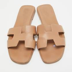 Pre Owned Hermes Light Brown Leather Oran Flat Slides Size 39